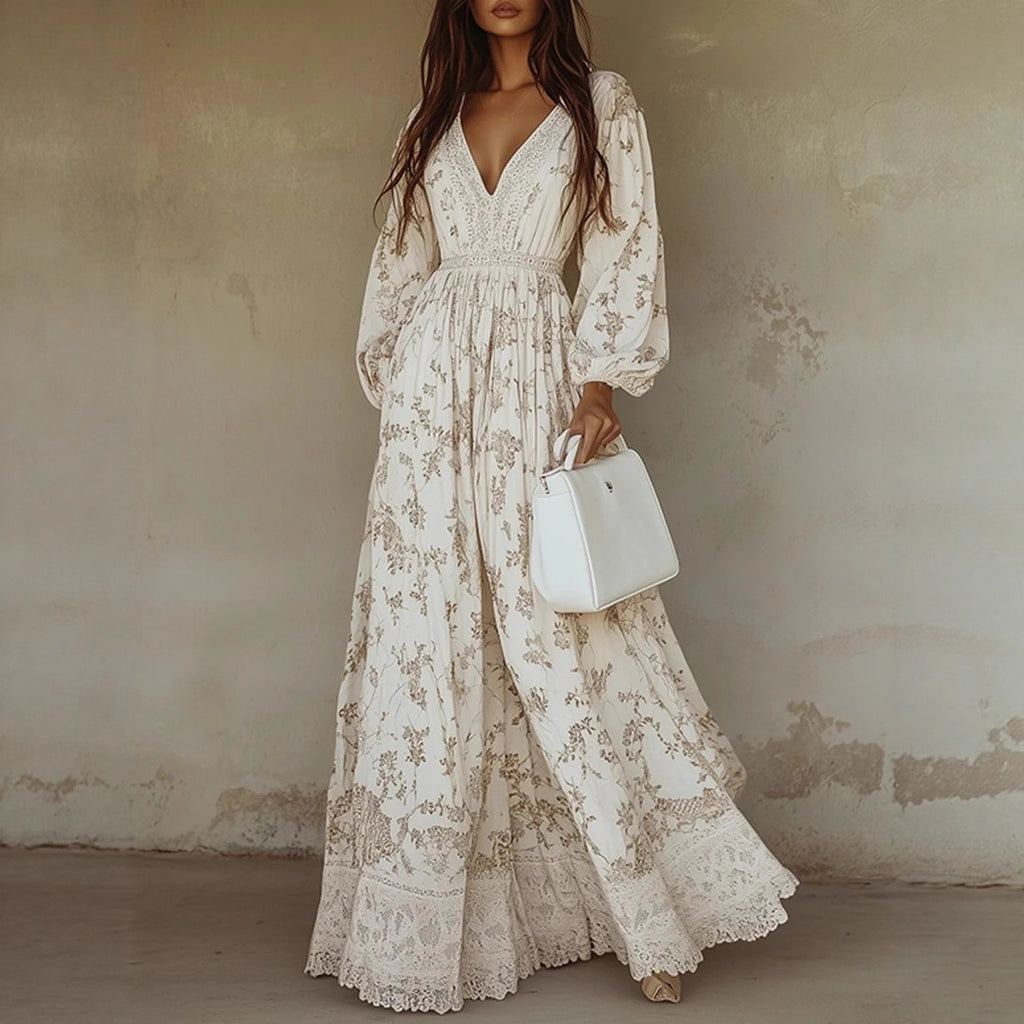 Woman wearing a floral dress holding a white handbag against a neutral background